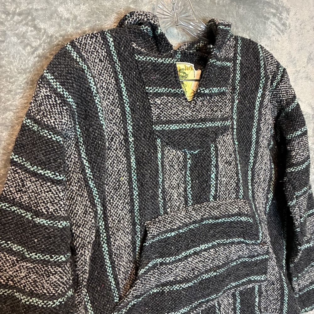 Vtg Iguana Jack Youth Baja Hoodie S Gray Striped Drug Rug Surfer Sweater Hippie